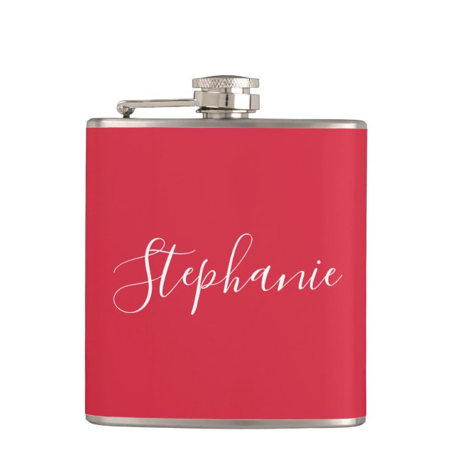 Modern Minimalist Name Monogram Red Bachelorette Hip Flask (Front)