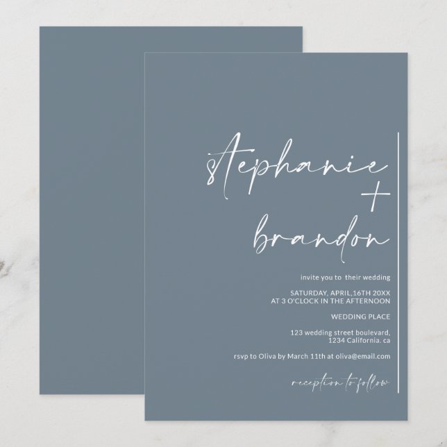 Modern minimalist names calligraphy blue wedding invitation (Front/Back)