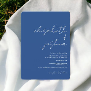 Modern minimalist names calligraphy blue wedding invitation
