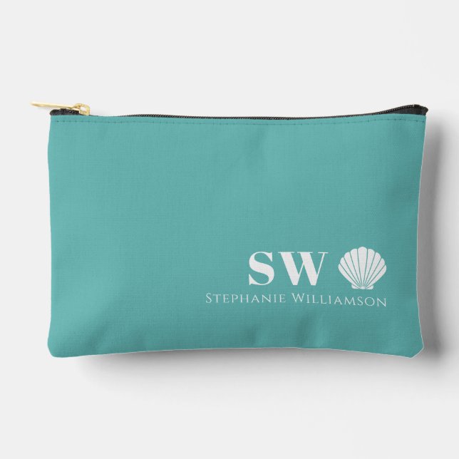 Modern Minimalist Nautical Shell Initials Monogram Accessory Pouch (Front)