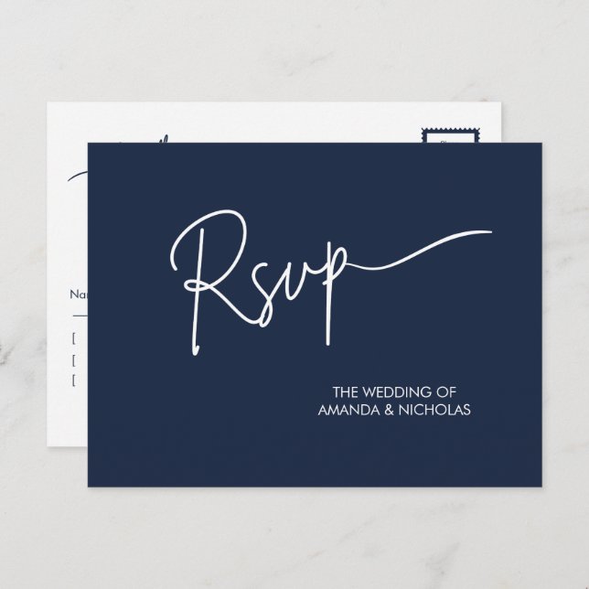 Modern Minimalist Navy and White Wedding RSVP  Postcard (Front/Back)