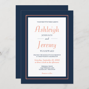 Modern Minimalist Navy Blue and Coral Wedding Invitation