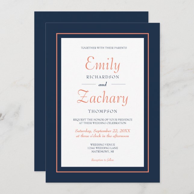 Modern Minimalist Navy Blue and Coral Wedding Invitation (Front/Back)