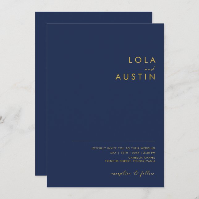 Modern Minimalist Navy Blue | Gold Casual Wedding Invitation (Front/Back)