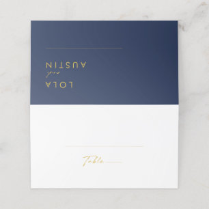 Modern Minimalist Navy Blue Gold Folded Place Card