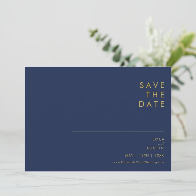 Modern Minimalist Navy Blue | Gold Font Horizontal Save The Date (Standing Front)