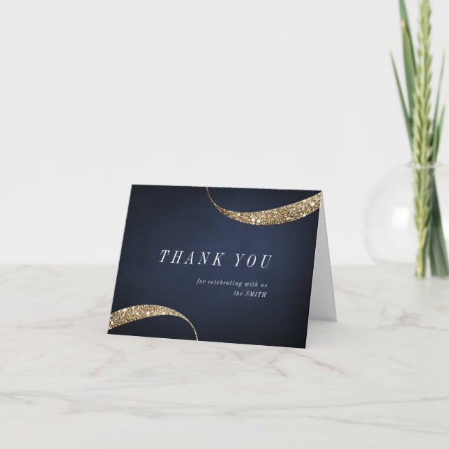 Modern minimalist navy blue gold glitter thank you card (Front)