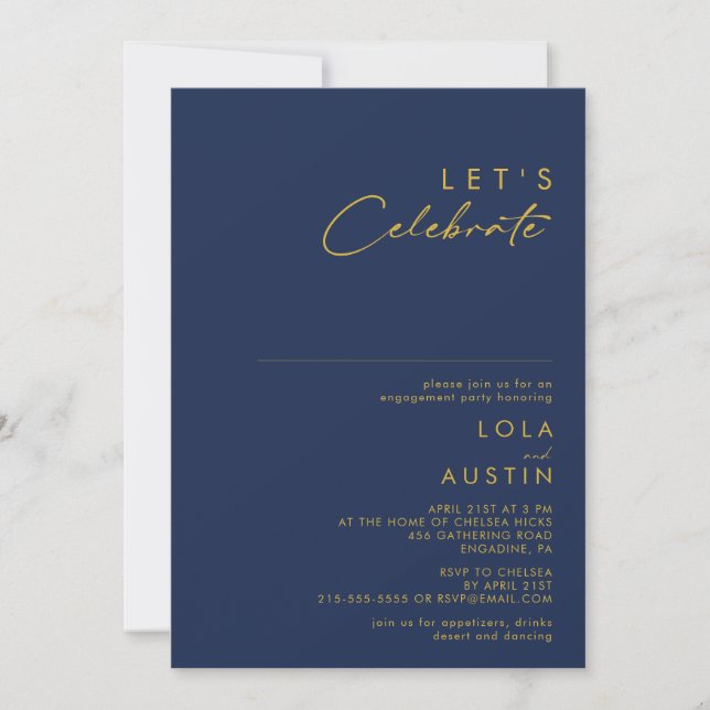 Modern Minimalist Navy Blue | Gold Let's Celebrate Invitation (Front)