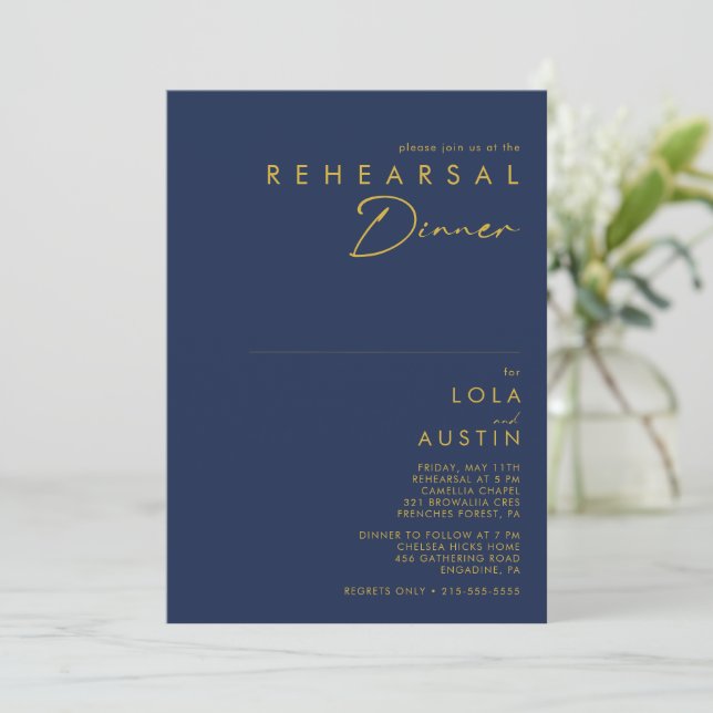 Modern Minimalist Navy Blue Gold Rehearsal Dinner Invitation (Standing Front)
