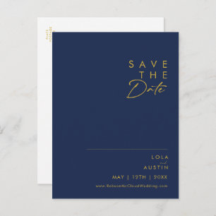 Modern Minimalist Navy Blue   Gold Save The Date Invitation Postcard