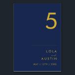 Modern Minimalist Navy Blue | Gold Table Number<br><div class="desc">This modern minimalist navy blue | gold table number is perfect for your classy boho wedding. Its simple, unique abstract design accompanied by a contemporary minimal script and a dark navy blue colour palette gives this product a feel of elegant formal luxury while staying simplistic, chic bohemian. Keep it as...</div>