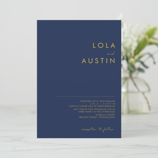 Modern Minimalist Navy Blue | Gold Wedding Invitation (Standing Front)