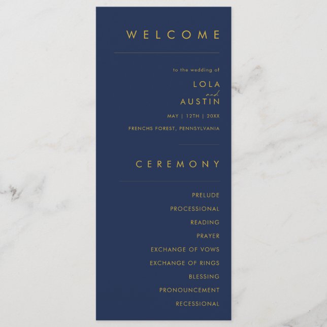 Modern Minimalist Navy Blue | Gold Wedding Program Programme (Front)