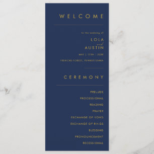 Modern Minimalist Navy Blue Gold Wedding Program Programme