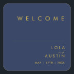 Modern Minimalist Navy Blue | Gold Wedding Welcome Square Sticker<br><div class="desc">This modern minimalist navy blue | gold wedding welcome square sticker is perfect for your classy boho wedding. Its simple, unique abstract design accompanied by a contemporary minimal script and a dark navy blue colour palette gives this product a feel of elegant formal luxury while staying simplistic, chic bohemian. Keep...</div>