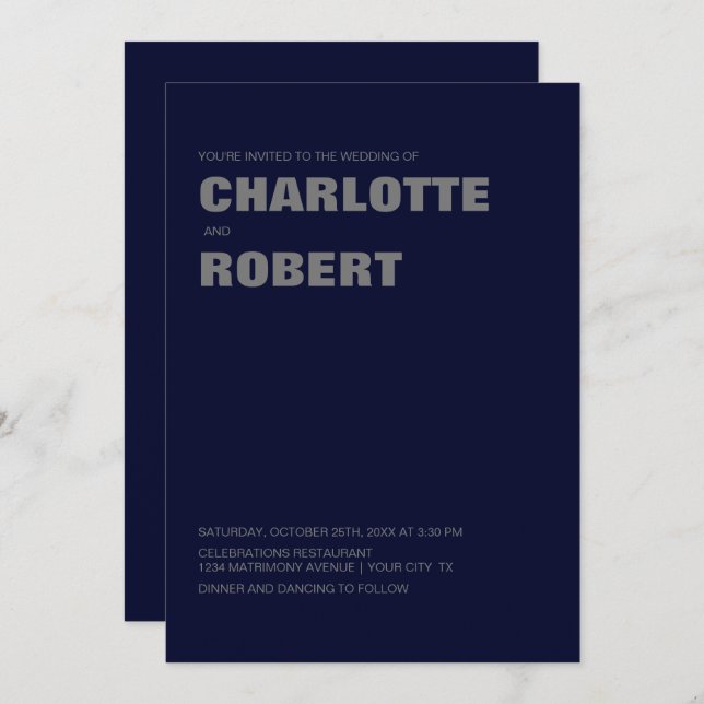 Modern Minimalist Navy Blue Grey Wedding Invitation (Front/Back)