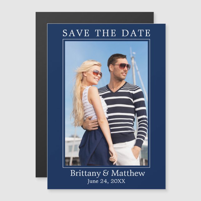 Modern Minimalist Navy Blue Magnetic Save the Date (Front/Back)