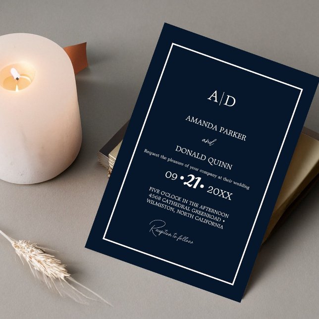 Modern Minimalist Navy Blue Monogram Wedding Invitation (Creator Uploaded)