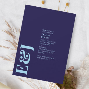 Modern Minimalist Navy Blue Monogram Wedding Invitation