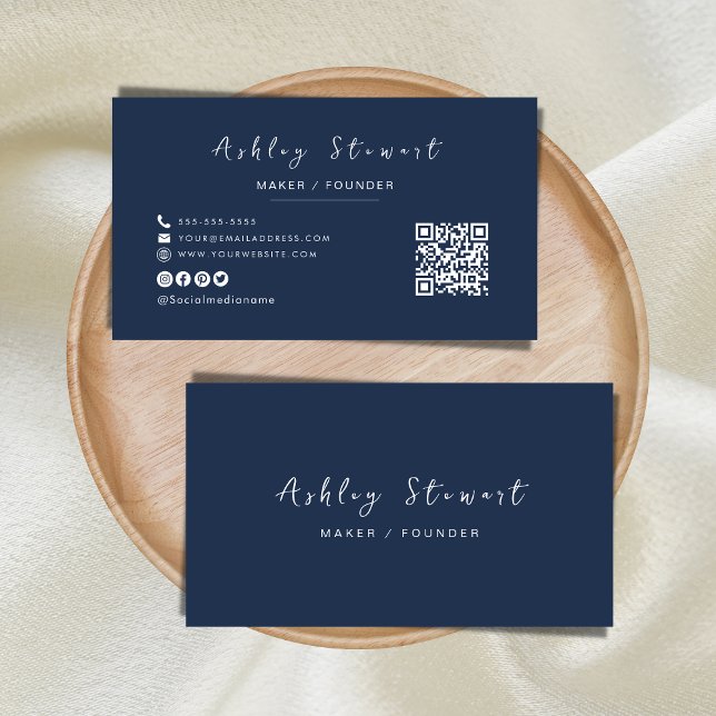 Modern Minimalist Navy Blue Professional Qr Code Business Card (Creator Uploaded)