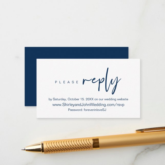 Modern Minimalist, Navy blue Script, Online RSVP  Enclosure Card (Front/Back In Situ)