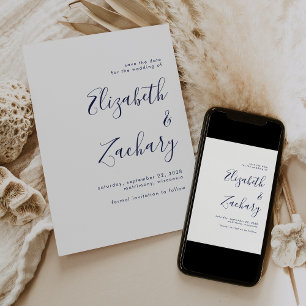Modern Minimalist Navy Blue Script Save the Date Announcement