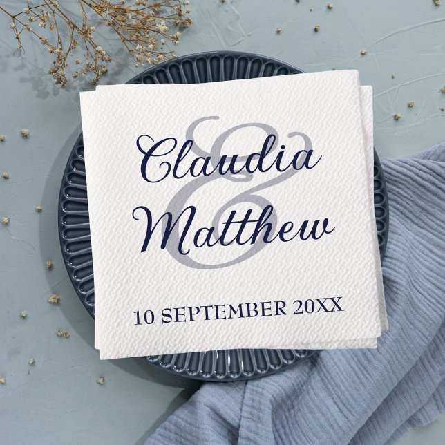 Modern Minimalist Navy Blue Script Wedding Napkin (Modern Minimalist Navy Blue Script Wedding Napkins)