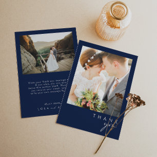 Modern Minimalist Navy Blue Silver Flat Photo Thank You Card