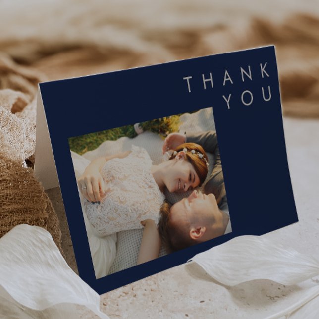 Modern Minimalist Navy Blue | Silver Folded Photo Thank You Card (Creator Uploaded)