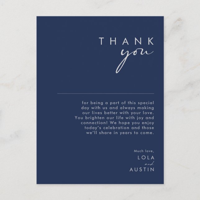 Modern Minimalist Navy Blue Silver Thank You Card (Front)