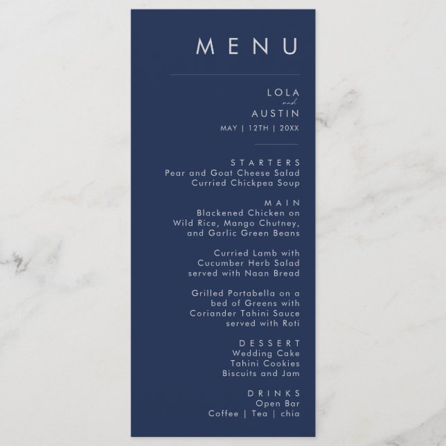 Modern Minimalist Navy Blue Silver Wedding Dinner Menu (Front)