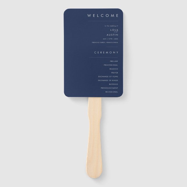 Modern Minimalist Navy Blue Silver Wedding Program Hand Fan (Front)