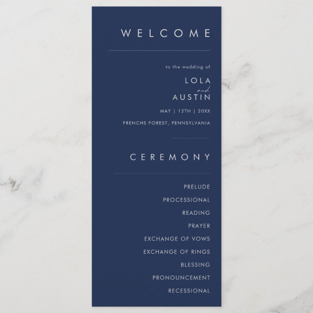 Modern Minimalist Navy Blue | Silver Wedding Programme (Front)