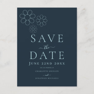 Modern Minimalist Navy Blue Simple Daisy Wedding Invitation Postcard
