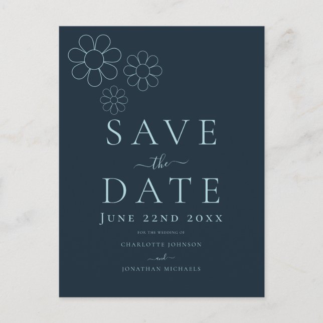 Modern Minimalist Navy Blue Simple Daisy Wedding Invitation Postcard (Front)