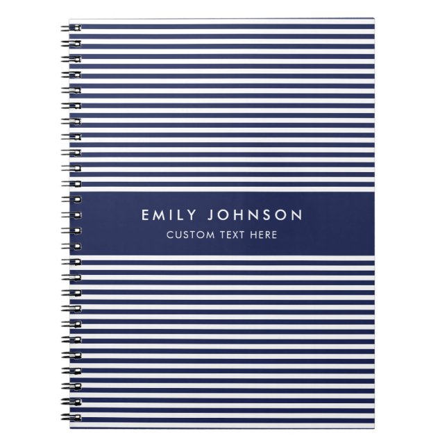 Modern Minimalist Navy Blue Stripes Monogram Notebook (Front)
