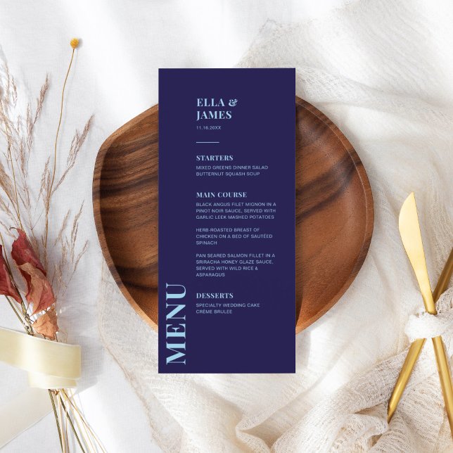 Modern Minimalist Navy Blue Wedding Menu (Creator Uploaded)