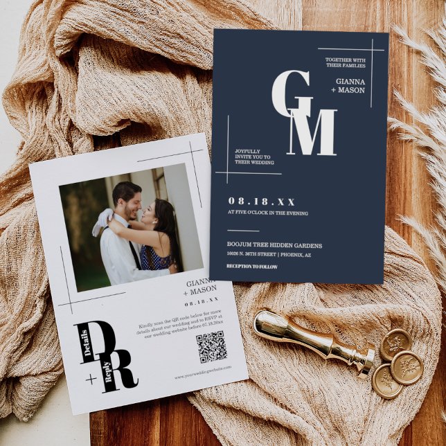 Modern Minimalist Navy Blue Wedding QR Code Photo Invitation (Creator Uploaded)