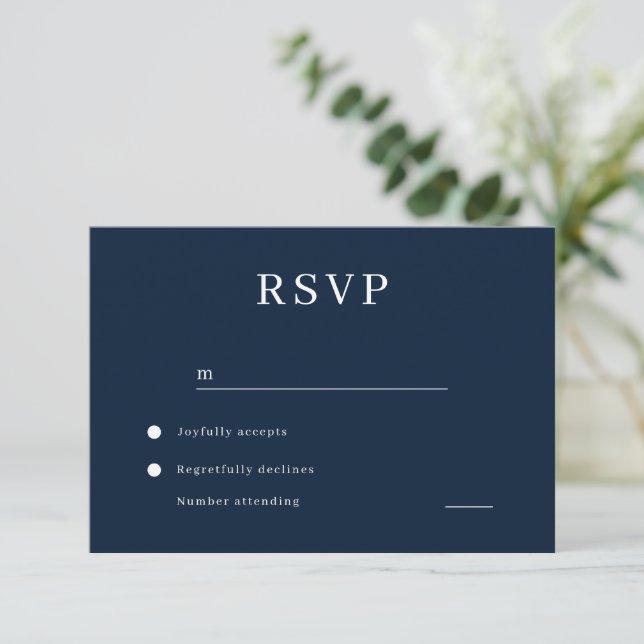 Modern Minimalist Navy Blue Wedding RSVP Card (Standing Front)