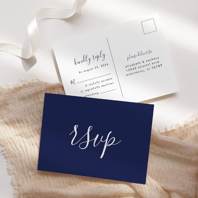 Modern Minimalist Navy Blue Wedding RSVP Postcard (Creator Uploaded)