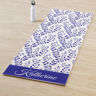 Modern Minimalist Navy Blue White Floral Script Yoga Mat