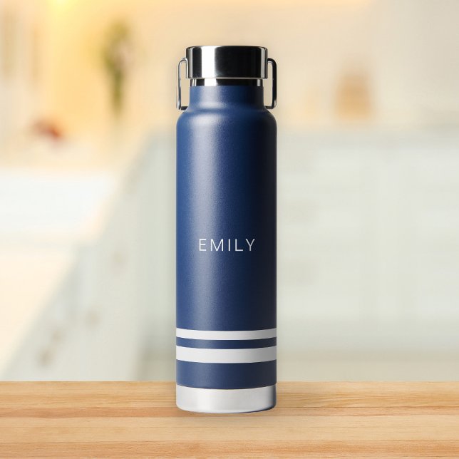 Modern Minimalist Navy Blue White Stripes  Water Bottle (Stylishly Personalize with Your Custom Name.)