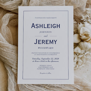 Modern Minimalist Navy Blue White Wedding Invitation