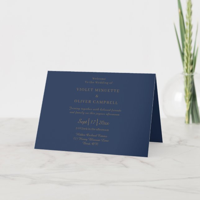 Modern Minimalist | Navy Gold Folded Wedding Programme (Front)