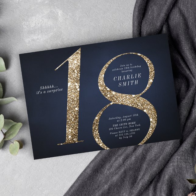 Modern minimalist navy gold glitter 18th birthday invitation (Modern minimalist navy gold glitter 18th birthday invitation)