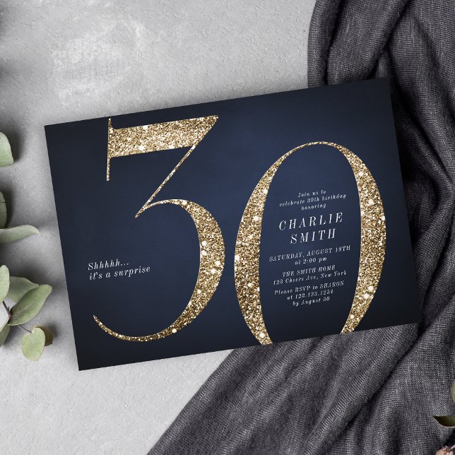 Modern minimalist navy gold glitter 30th birthday invitation (Modern minimalist navy gold glitter 30th birthday invitation)