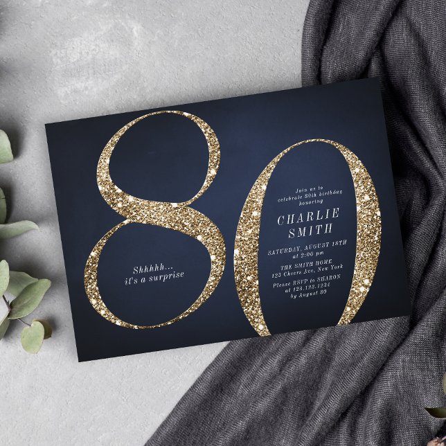 Modern minimalist navy gold glitter 80th birthday invitation (Modern minimalist navy gold glitter 80th birthday invitation)