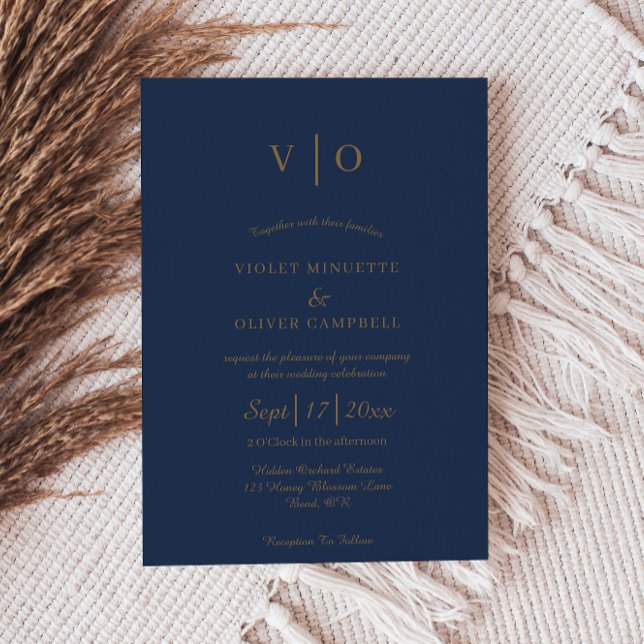 Modern Minimalist | Navy Gold Monogram Wedding Invitation (Creator Uploaded)