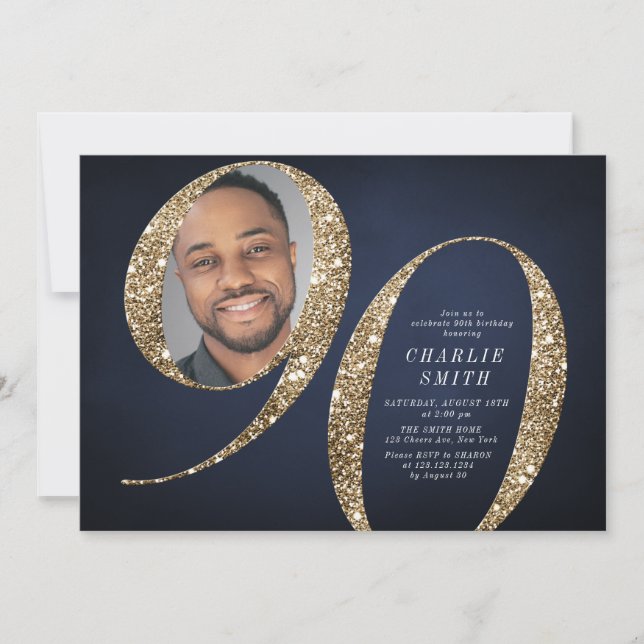 Modern minimalist navy gold photo 90th birthday  invitation (Front)