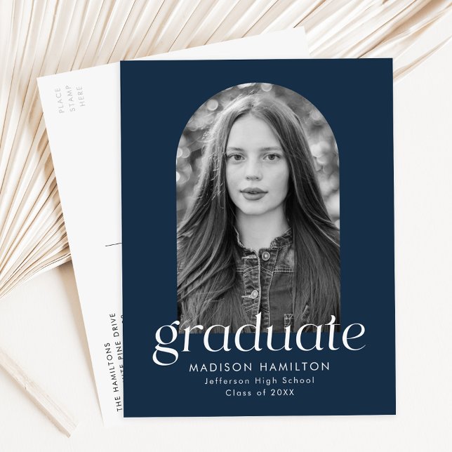 Modern Minimalist Navy Photo Graduation Party Invitation Postcard (Creator Uploaded)